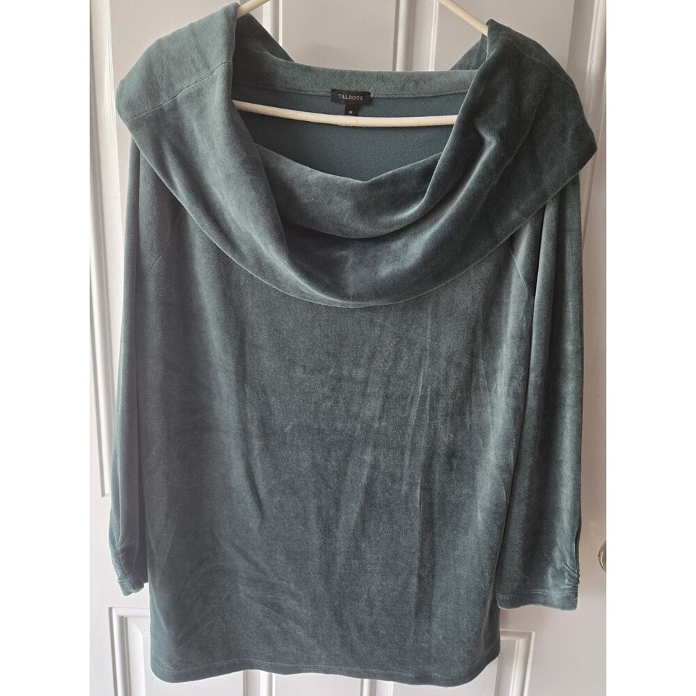 Talbots Velvet Cowl Neck Top Womens M Green Long Sleeve Blouse